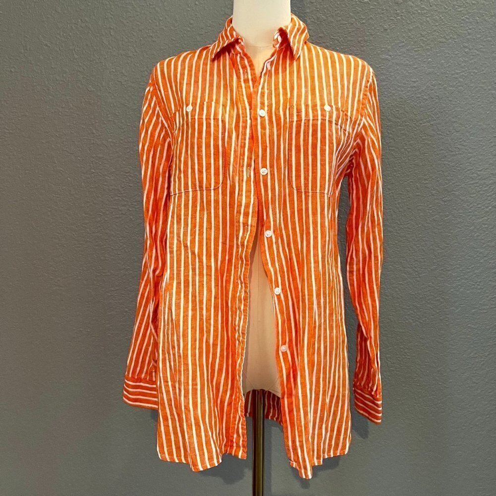 LAUREN RALPH LAUREN 100% Linen Orange & White Button Down Shirt - EUC - Size S